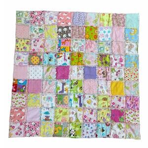 Handmade Multicolored Baby Double Sided Patchwork Quilt Blanket 37x38